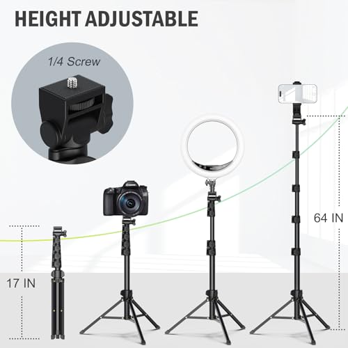 Sturdy 64” Height Adjustable Tripod for Phone & Camera with Remote