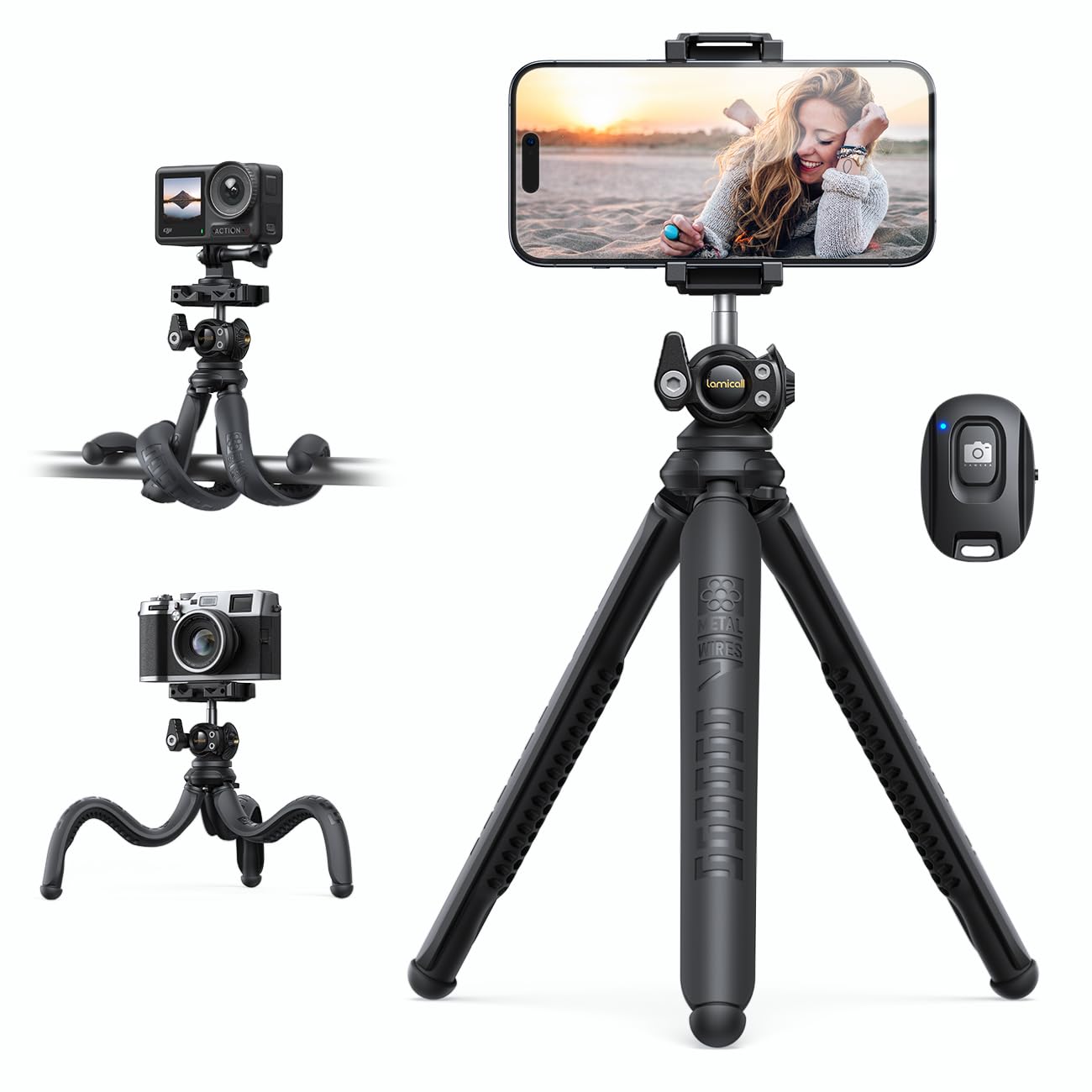 Lamicall 3-in-1 Flexible iPhone Tripod with Wireless Remote - Video Recording & Vlogging Stand