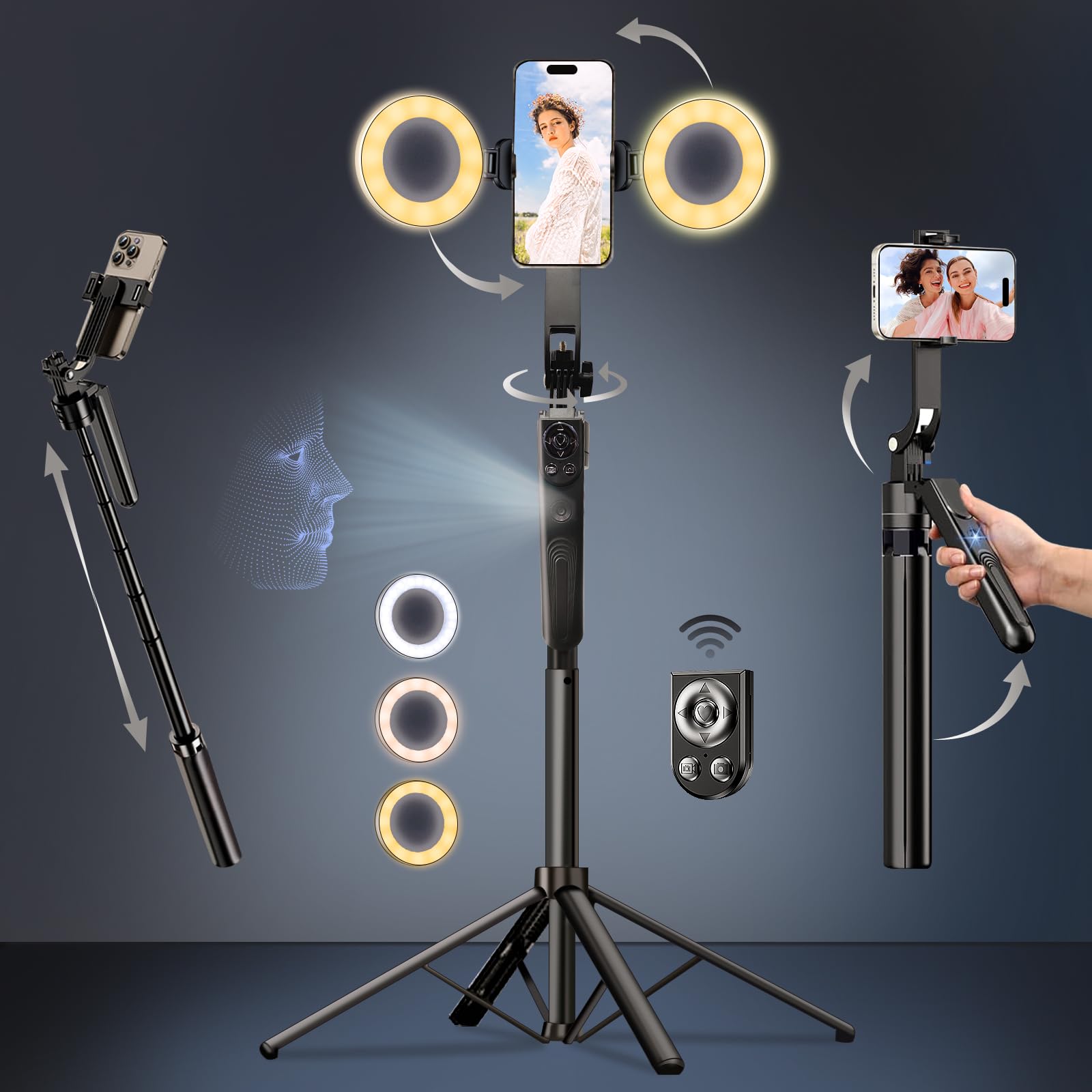 Auto Face Tracking Selfie Stick Tripod for iPhone, 360 Rotation, 70" Remote Control