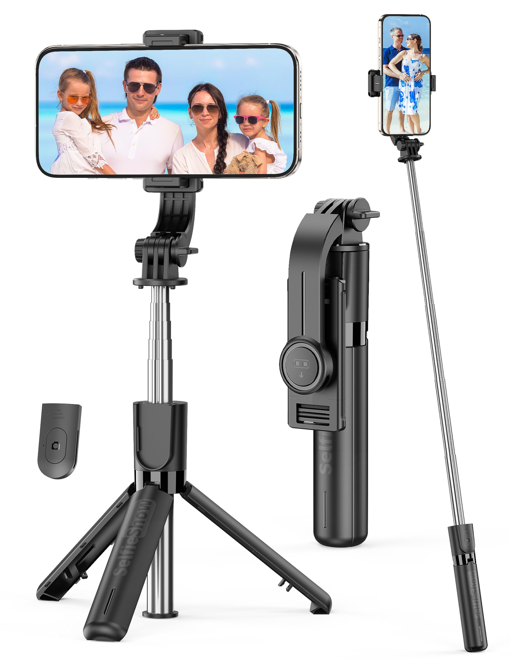4-in-1 Extendable Selfie Stick with Detachable Remote & 360° Rotating Mini Tripod for iPhone 16/15/14/13 Pro & Android