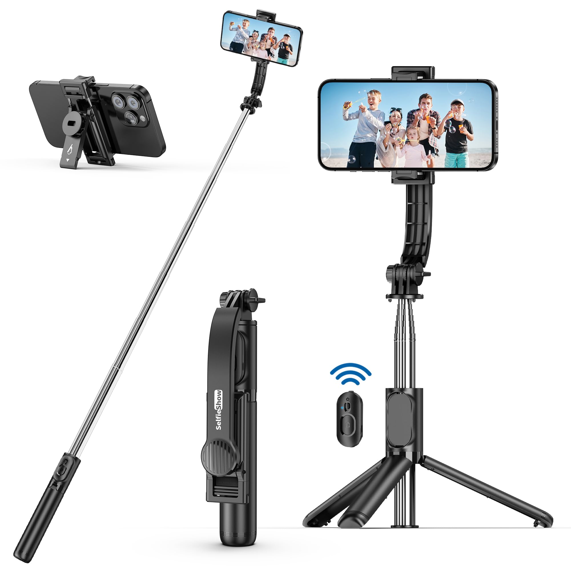 SelfieShow Extendable Selfie Stick with Wireless Remote & Tripod Stand, Compatible with iPhone 15/14/13/12, Samsung & Mo